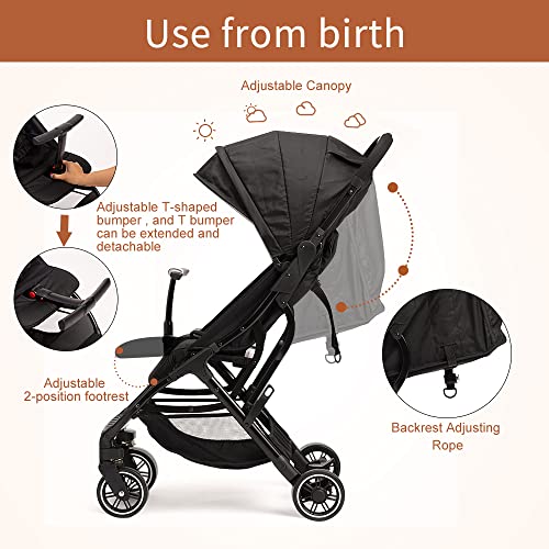 Lightweight Travel Stroller - Compact Travel Stroller for Airplane, One-Hand Folding Baby Stroller, Toddler Stroller w/Adjustable Backrest/Footrest/T-Shaped Bumper(Black)