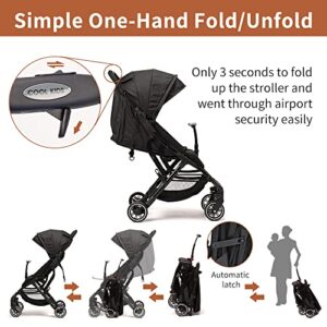 Lightweight Travel Stroller - Compact Travel Stroller for Airplane, One-Hand Folding Baby Stroller, Toddler Stroller w/Adjustable Backrest/Footrest/T-Shaped Bumper(Black)
