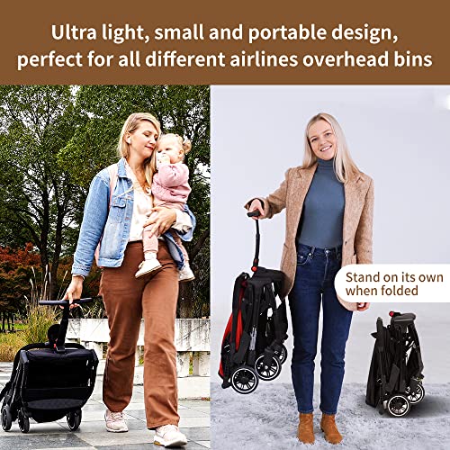 Lightweight Travel Stroller - Compact Travel Stroller for Airplane, One-Hand Folding Baby Stroller, Toddler Stroller w/Adjustable Backrest/Footrest/T-Shaped Bumper(Black)