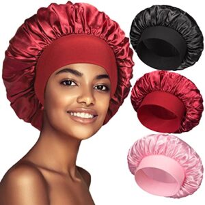 3 Pack Satin Bonnet Silk Bonnet for Sleeping, Bonnets for Black Women Hair Bonnet for Sleeping Large Sleep Cap, Wide Soft Band Bonnet for Curly Hair