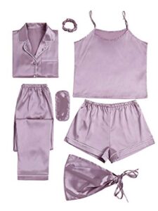 lyaner women’s pajamas set 7pcs silk satin sleepwear loungewear cami shirt pj set purple medium