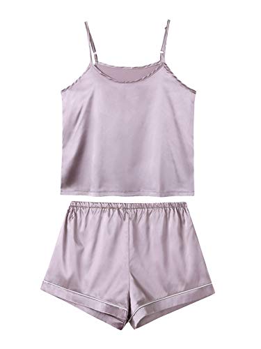 LYANER Women's Pajamas Set 7pcs Silk Satin Sleepwear Loungewear Cami Shirt Pj Set Purple Medium