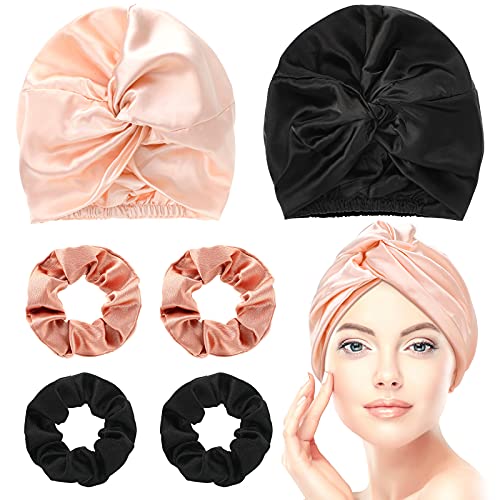 6 Pcs Silk Bonnet Silk Hair Wrap for Sleeping, Natural Silk Scrunchy Soft Silk Scrunchies Hair Sleep Silk Sleeping Bonnet for Women Hair Care Ponytail Holder (Pink, Black, Rose Gold)