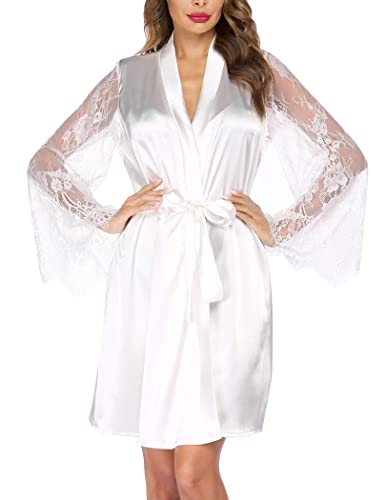 Avidlove Women's Satin Robe Short Kimono for Bride & Bridesmaid Wedding Party Robes White