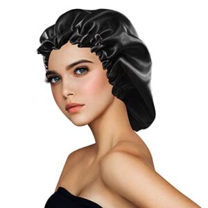 Satin Bonnet Silk Bonnet for Curly Hair Bonnet Braid Bonnet for Sleeping Bonnets for Women Large Double-Layer Adjustable Black