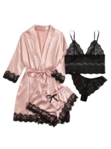 soly hux women’s satin pajama set 4pcs floral lace trim cami lingerie sleepwear with robe pink medium