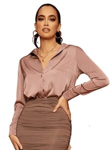 floerns women’s satin long sleeve button up blouse work office silky shirts tops a pink m