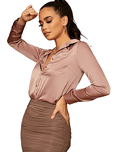 Floerns Women's Satin Long Sleeve Button Up Blouse Work Office Silky Shirts Tops A Pink M