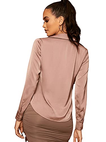 Floerns Women's Satin Long Sleeve Button Up Blouse Work Office Silky Shirts Tops A Pink M