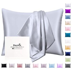 ravmix silk pillowcase for hair and skin with hidden zipper, both sides 21 momme silk pillow case, standard size 20×26 inches, 1pcs, silver grey