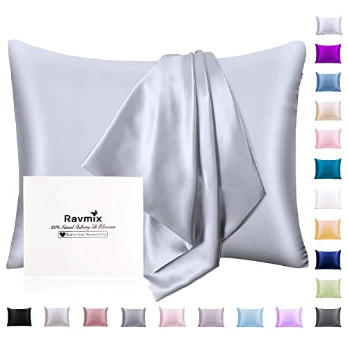 Ravmix Silk Pillowcase for Hair and Skin with Hidden Zipper, Both Sides 21 Momme Silk Pillow Case, Standard Size 20×26 inches, 1PCS, Silver Grey