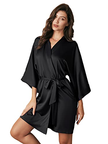 AW BRIDAL Women's Black Silk Robe, Short Satin Kimono Robe Bridal Party Robes for Brides Bridesmaids, Black S