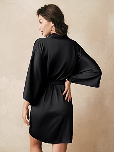 AW BRIDAL Women's Black Silk Robe, Short Satin Kimono Robe Bridal Party Robes for Brides Bridesmaids, Black S