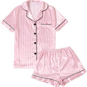 LYANER Women's Notch V Neck Button Up Short Sleeve Shirt and Shorts Pajamas Set Pink Small