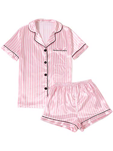 LYANER Women's Notch V Neck Button Up Short Sleeve Shirt and Shorts Pajamas Set Pink Small