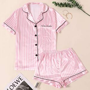 LYANER Women's Notch V Neck Button Up Short Sleeve Shirt and Shorts Pajamas Set Pink Small