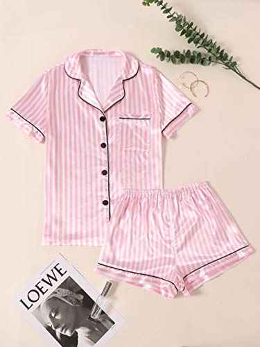 LYANER Women's Notch V Neck Button Up Short Sleeve Shirt and Shorts Pajamas Set Pink Small