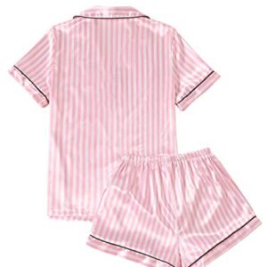 LYANER Women's Notch V Neck Button Up Short Sleeve Shirt and Shorts Pajamas Set Pink Small