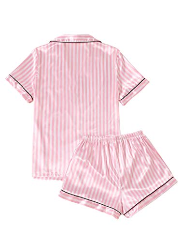 LYANER Women's Notch V Neck Button Up Short Sleeve Shirt and Shorts Pajamas Set Pink Small