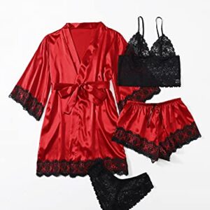 WDIRARA Women' Silk Satin Pajamas Set 4pcs Lingerie Floral Lace Cami Sleepwear with Robe Red Black L