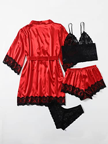 WDIRARA Women' Silk Satin Pajamas Set 4pcs Lingerie Floral Lace Cami Sleepwear with Robe Red Black L