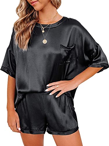 Ekouaer Women Satin Sleepwear Slip 2 Piece Pajamas Silk Pjs Short Sleeve Top and Loose Shorts Nightwear(Black, Medium)