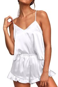 chyrii women’s sexy cami pajamas sets silk 2 pcs lounge sets with ruffled shorts sleepwear white s