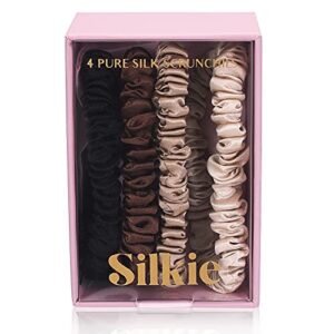 silkie x4 set 100% pure mulberry silk black brown skinny scrunchies travel pouch everyday hair ties elastics hair care ponytail holder no damage (chocolate)