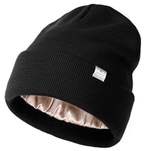 yanibest womens satin lined knit beanie hat acrylic winter hats for women men silk lining soft slouchy warm cuffed beanie hat