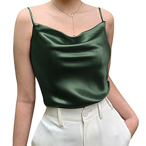 Miqieer Basic Women's Silk Tank Top Ladies V-Neck Camisole Silky Loose Sleeveless Blouse Satin Tank Shirt(Cowl Neck-Green,M)