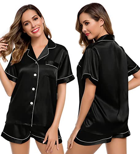 LecGee Womens Silk Satin Pajamas Short Sleeve Loungewear Two-Piece Sleepwear Button-Down Pj Set