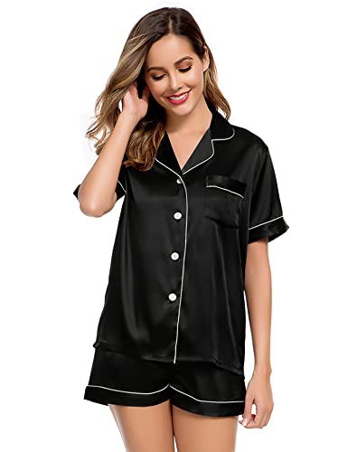 LecGee Womens Silk Satin Pajamas Short Sleeve Loungewear Two-Piece Sleepwear Button-Down Pj Set