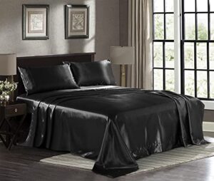 satin sheets queen [4-piece, black] hotel luxury silky bed sheets – extra soft 1800 microfiber sheet set, wrinkle, fade, stain resistant – deep pocket fitted sheet, flat sheet, pillow cases