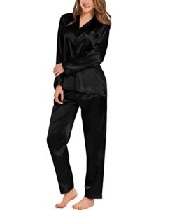 swomog women’s silk satin pajamas set long sleeve sleepwear button-down pj set 2 pcs nightwear loungewear black
