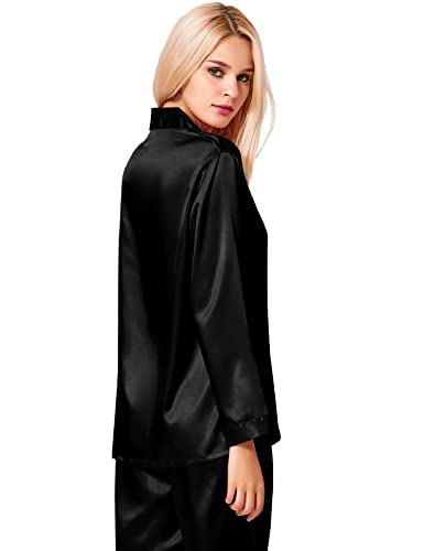 SWOMOG Women's Silk Satin Pajamas Set Long Sleeve Sleepwear Button-Down Pj Set 2 Pcs Nightwear Loungewear Black
