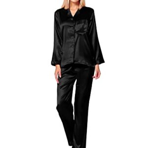 SWOMOG Women's Silk Satin Pajamas Set Long Sleeve Sleepwear Button-Down Pj Set 2 Pcs Nightwear Loungewear Black