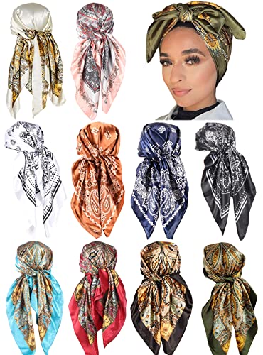 10 Pieces Satin Head Scarf Large Square Scarf Silk Feeling Fashion Hair Wrapping Scarves for Women Girls