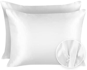 shopbedding satin pillowcase for hair and skin silk pillowcases – 2 pack, luxury satin pillowcases with zipper closure, satin pillow case cover, standard satin silk pillowcase for hair & skin, white