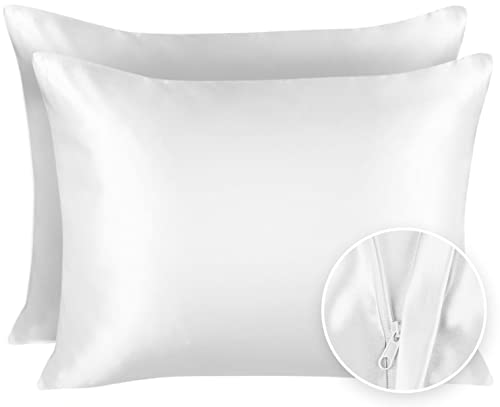 ShopBedding Satin Pillowcase for Hair and Skin Silk Pillowcases - 2 Pack, Luxury Satin Pillowcases with Zipper Closure, Satin Pillow Case Cover, Standard Satin Silk Pillowcase for Hair & Skin, White