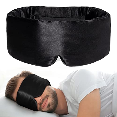 iCooBreeze 100% Natural Silk Eye Mask for Women Men, Soft Pressureless Cooling Blackout Eye Covers for Sleeping, Large Size Sleep Mask fits All Heads Adjustable, 1PC, Black