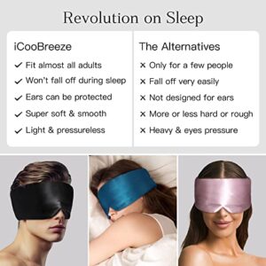 iCooBreeze 100% Natural Silk Eye Mask for Women Men, Soft Pressureless Cooling Blackout Eye Covers for Sleeping, Large Size Sleep Mask fits All Heads Adjustable, 1PC, Black