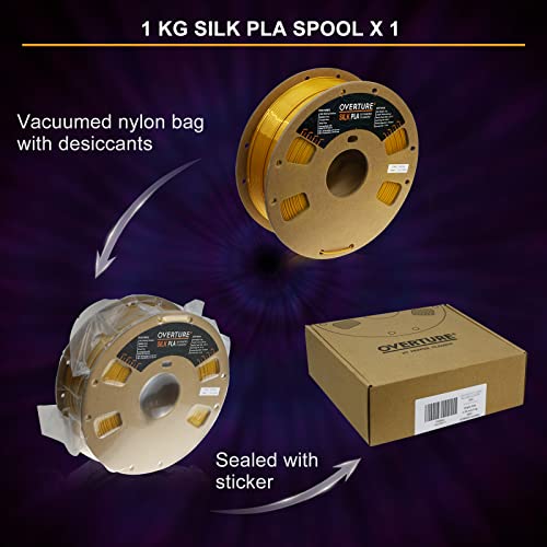 OVERTURE Silk Filament PLA 1.75mm Clog-Free Shiny 3D Printer Filament, 1kg Spool (2.2lbs), Dimensional Accuracy +/- 0.03 mm, Fit Most FDM Printer(Silk Gold)