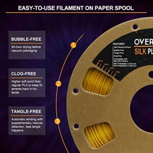 OVERTURE Silk Filament PLA 1.75mm Clog-Free Shiny 3D Printer Filament, 1kg Spool (2.2lbs), Dimensional Accuracy +/- 0.03 mm, Fit Most FDM Printer(Silk Gold)