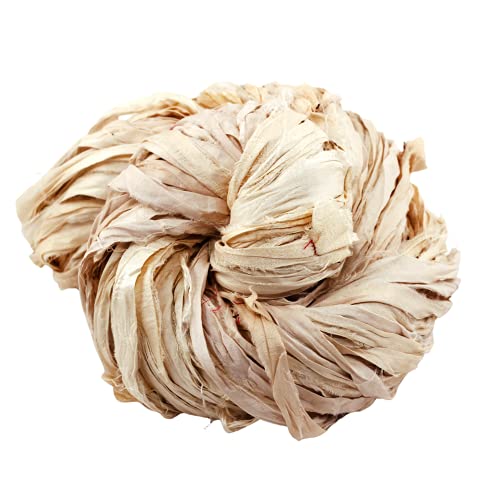 DARN GOOD YARN Recycled Sari Silk Ribbon Yarn Vintage Ivory Off-White Dyeable 100 Grams, 50 Yards, 1 Skein Handmade one of a Kind