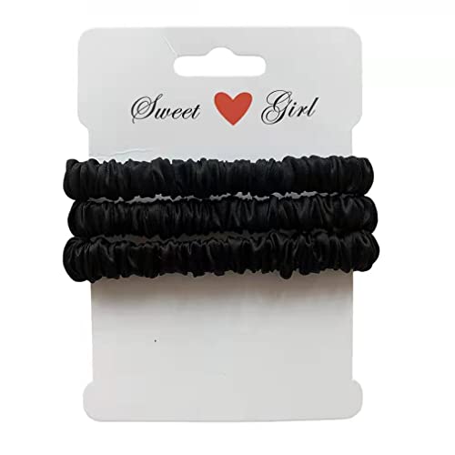 MAXFEEL 100% Pure Muberry Silk Hair Scrunchie Small Silk Scrunchy Skinny Hair Ties scrunchie holder for Breakage Prevention Black 3 Pack