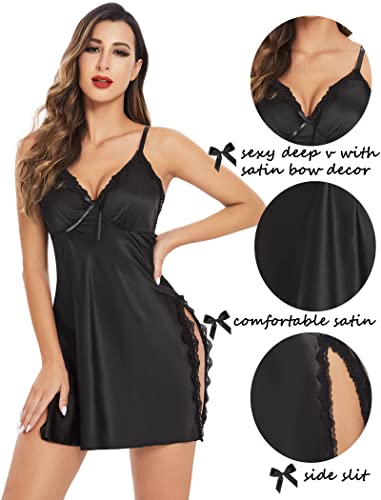 Avidlove Satin Nightgowns for Women Silk Lace Lingerie Satin Side Slit Chemise(Black,M)