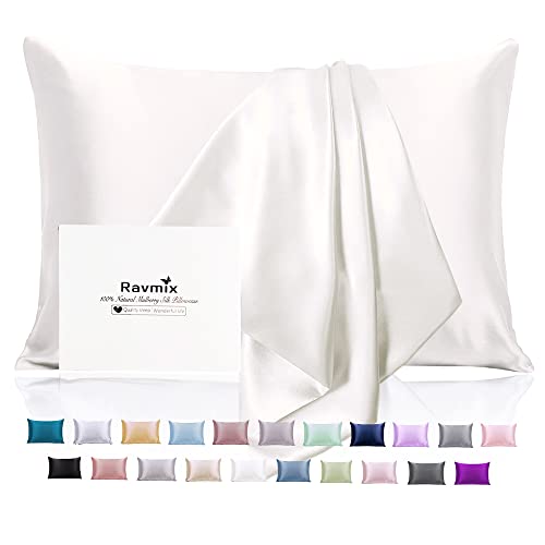 Ravmix Silk Pillowcase for Hair and Skin 21 Momme with Hidden Zipper, Both Sides Silk, 1PCS, Standard Size 20×26 inches, Undyed Ivory White