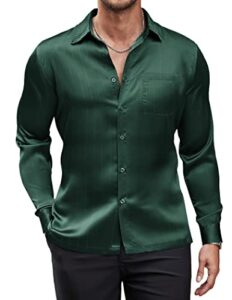 coofandy men’s luxury dress shirts long sleeve satin silk like button down shirt party weddding prom army green, medium