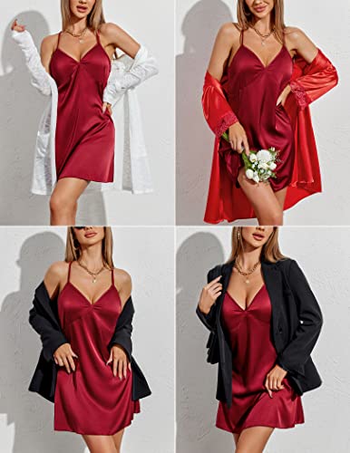 Ekouaer Women Sleepwear Satin Lingerie Chemise Nightgown Babydoll Nightwear Silk Slip Dress Wine Red