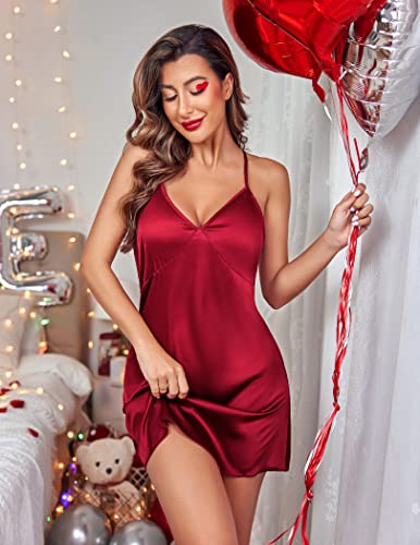 Ekouaer Women Sleepwear Satin Lingerie Chemise Nightgown Babydoll Nightwear Silk Slip Dress Wine Red